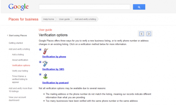 Verification options - Google Places for business Help